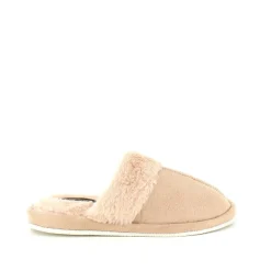 Beige hjemmesko med synlig pelskant