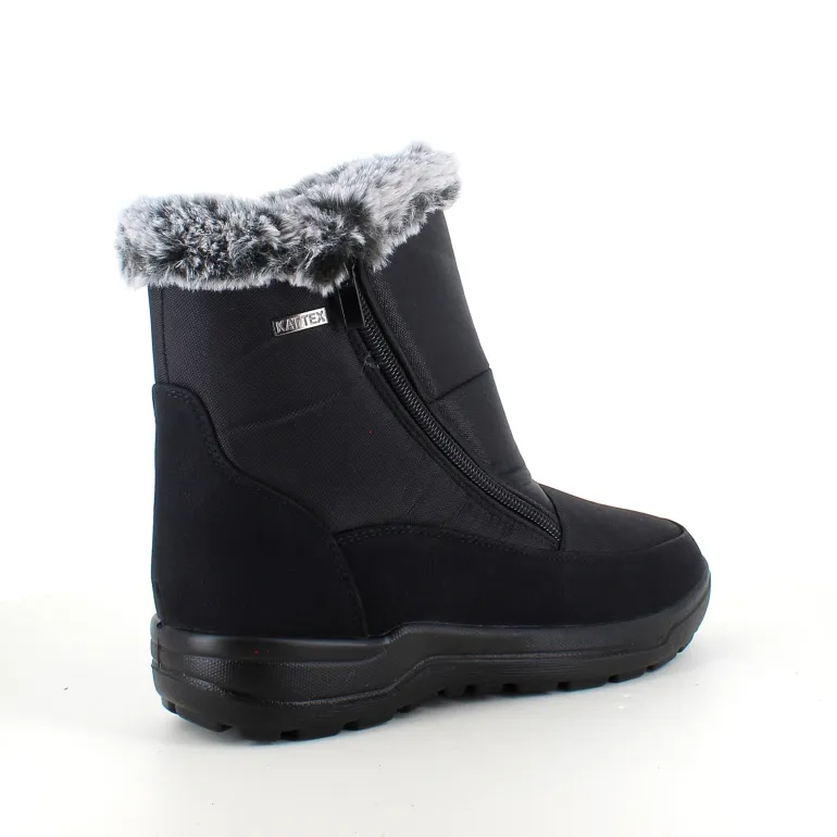 Damestøvletter i sort PU med pelskant og varmt for – 2 lynlåse og komfortabel PU-sål