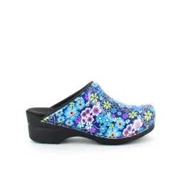 Sanita tøffel-træsko med blå og lilla blomster
