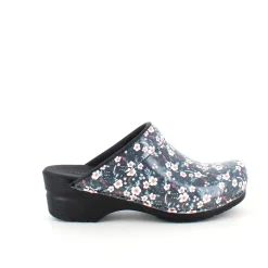 Sanita tøffel-træsko med sort/hvide blomster