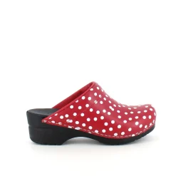 Sanita træsko med rødt og hvidt prikmønster