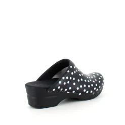 Sanita træsko med sort og hvidt prikmønster