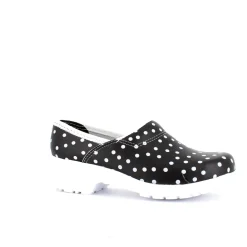 Sort træsko med polkaprikker og kap